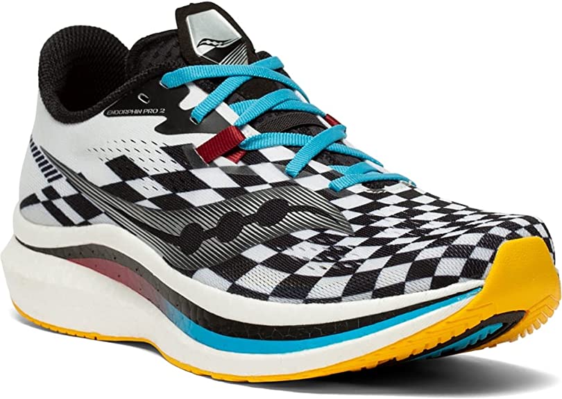 Men's Saucony Endorphin Pro 2. Checkered upper. White midsole. Lateral view.