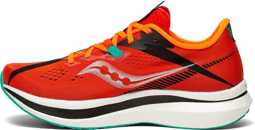 Men's Saucony Endorphin Pro 2. Red upper. White midsole. Medial view.