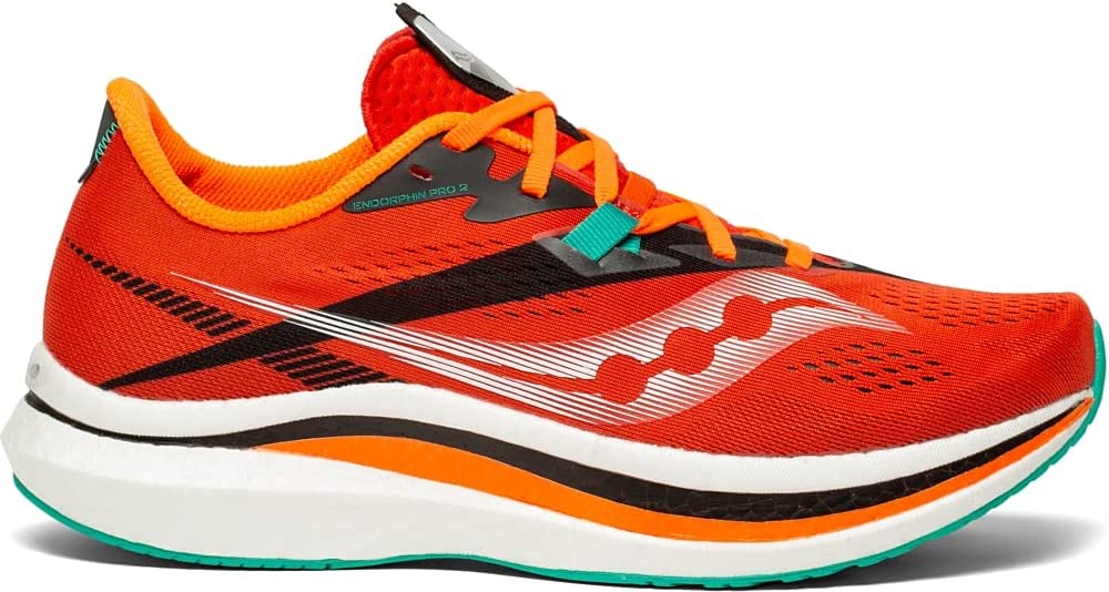 Men's Saucony Endorphin Pro 2. Red upper. White midsole. Lateral view.