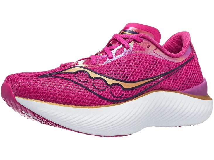 Men's Saucony Endorphin Pro 3. Pink upper. White midsole. Lateral view.