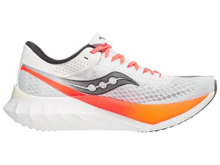 Men's Saucony Endorphin Pro 4. White upper. White midsole. Medial view.