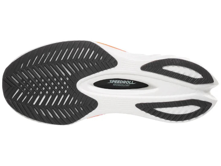 Men's Saucony Endorphin Pro 4. White upper. White midsole. Bottom view.