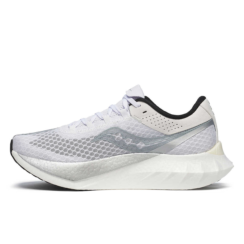 Men's Saucony Endorphin Pro 4. White upper. White/Silver midsole. Medial view.