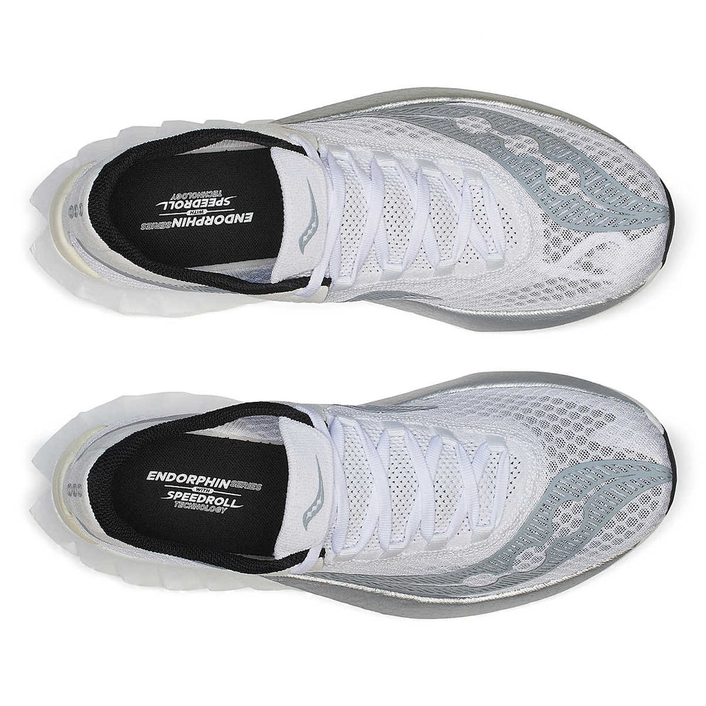 Men's Saucony Endorphin Pro 4. White upper. White/Silver midsole. Top view.