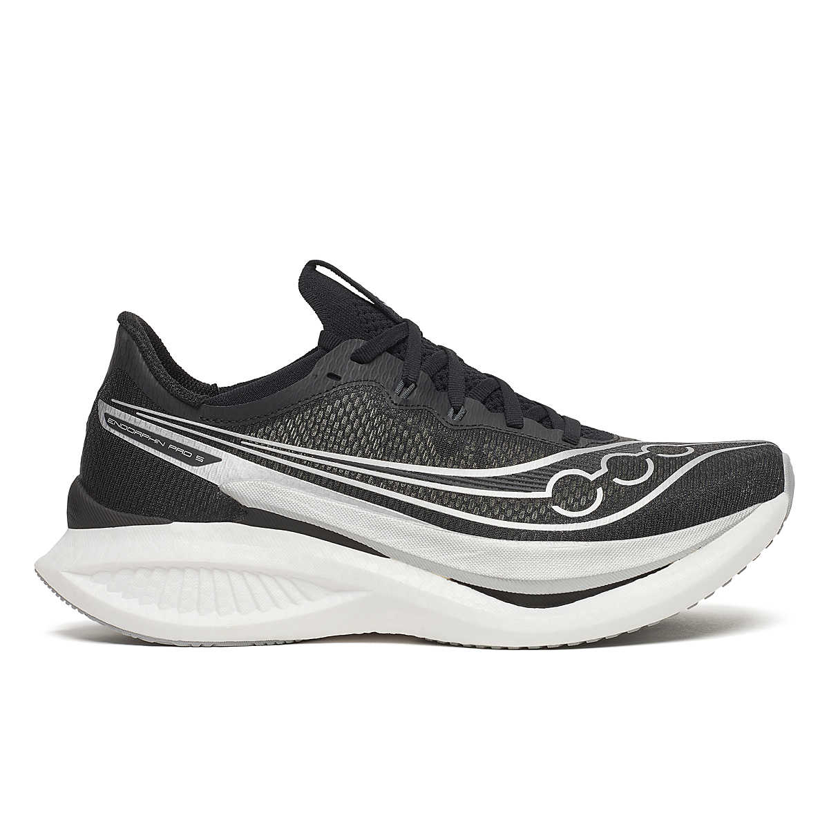 Men's Saucony Endorphin Pro 5. Black upper. White midsole. Lateral view. 