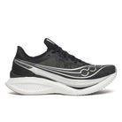 Men's Saucony Endorphin Pro 5. Black upper. White midsole. Lateral view. 