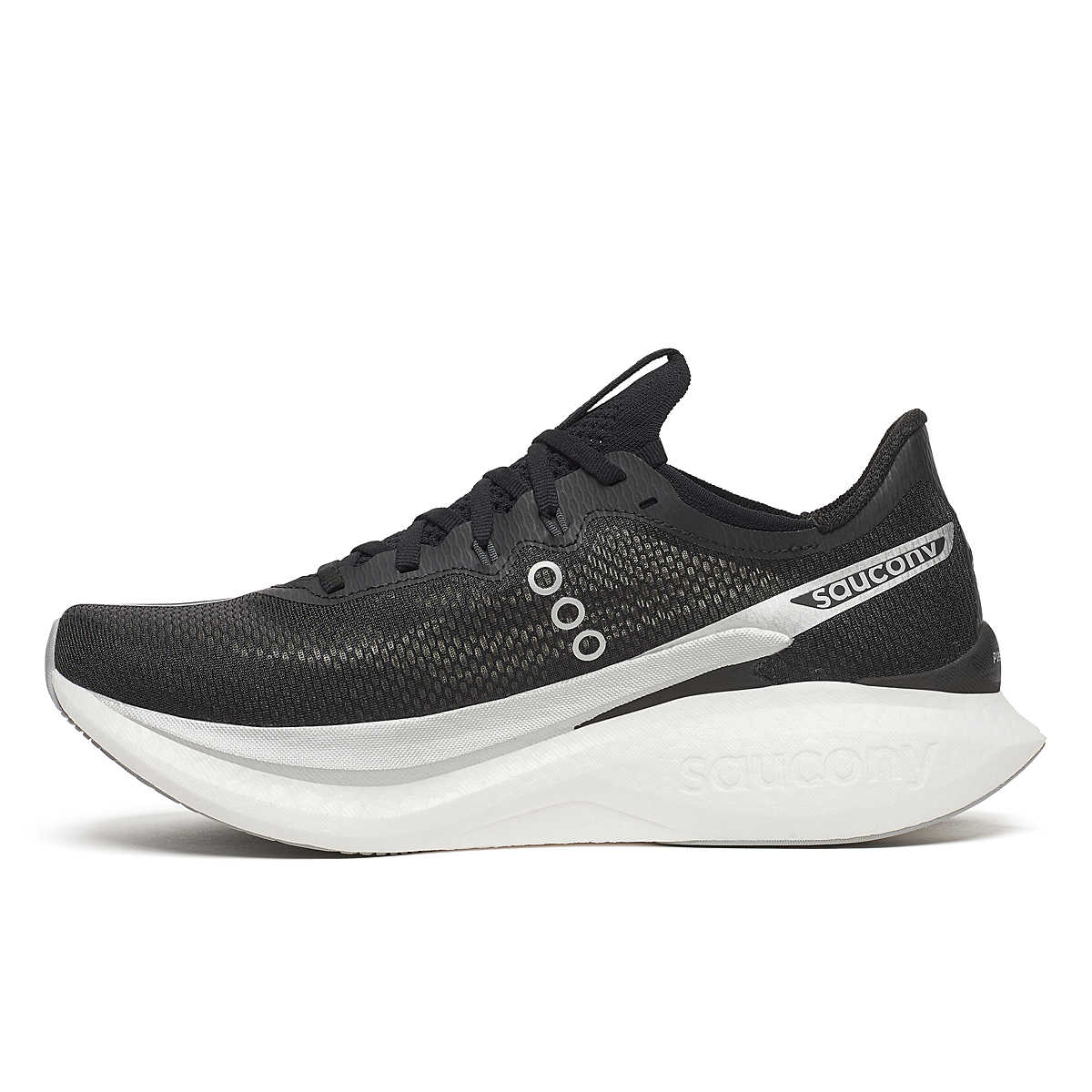 Men's Saucony Endorphin Pro 5. Black upper. White midsole. Medial view. 