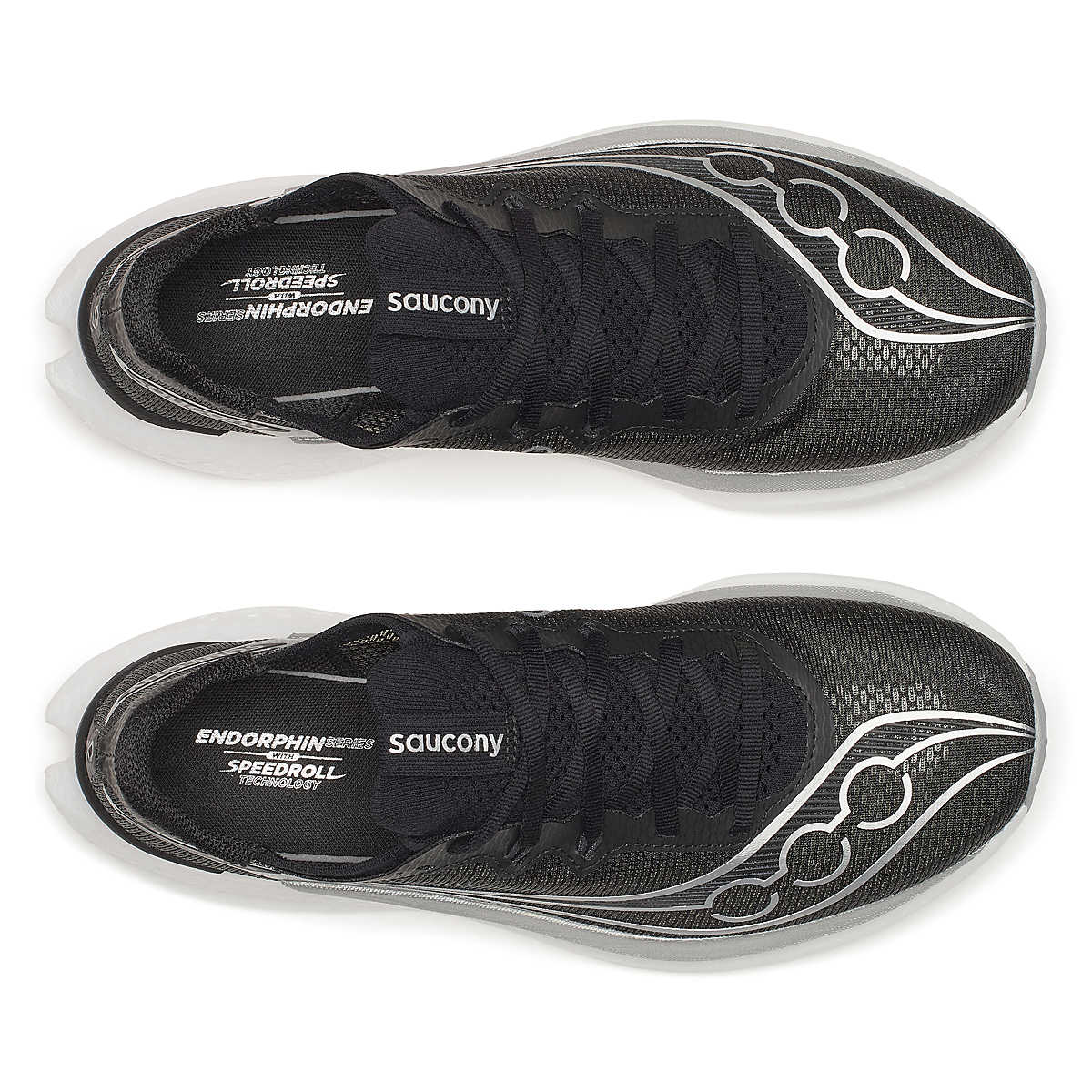 Men's Saucony Endorphin Pro 5. Black upper. White midsole. Top view. 