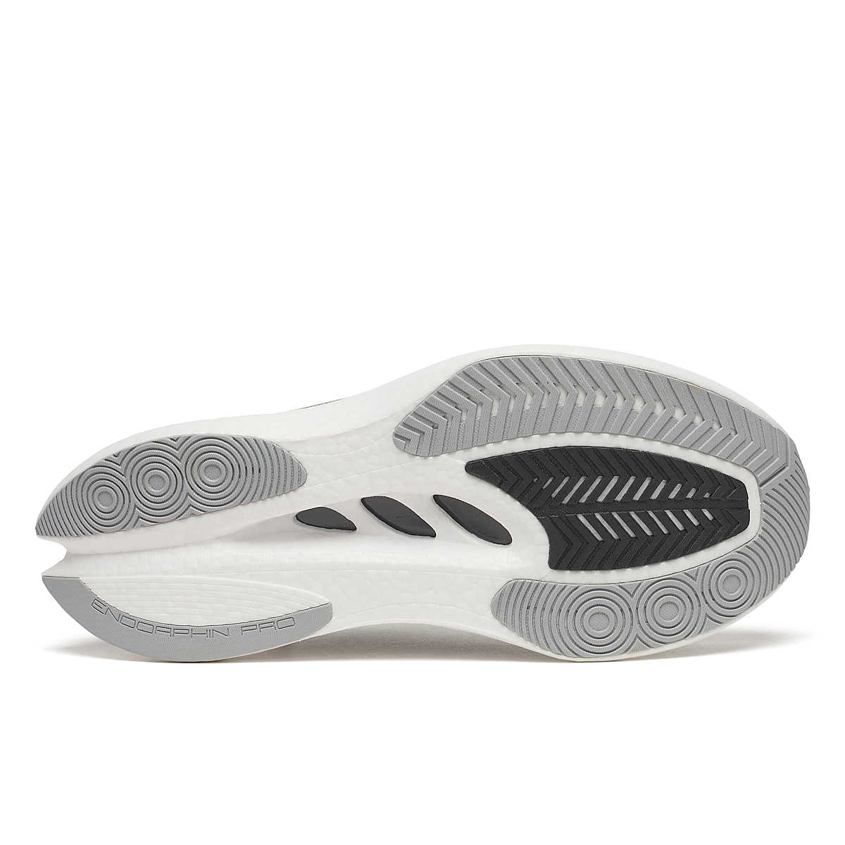 Men's Saucony Endorphin Pro 5. Black upper. White midsole. Bottom view. 