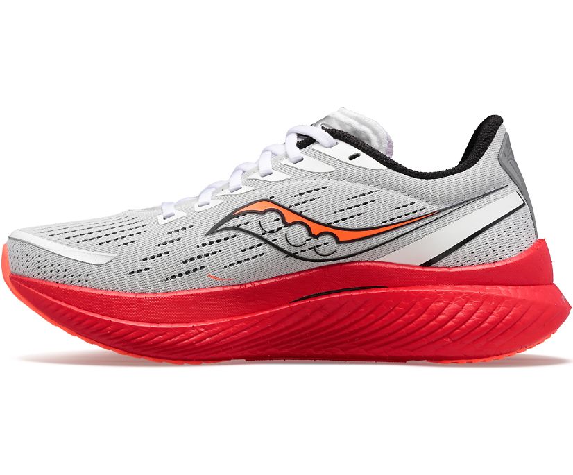 Men's Saucony Endorphin Speed 3. White upper. Red midsole. Medial view.