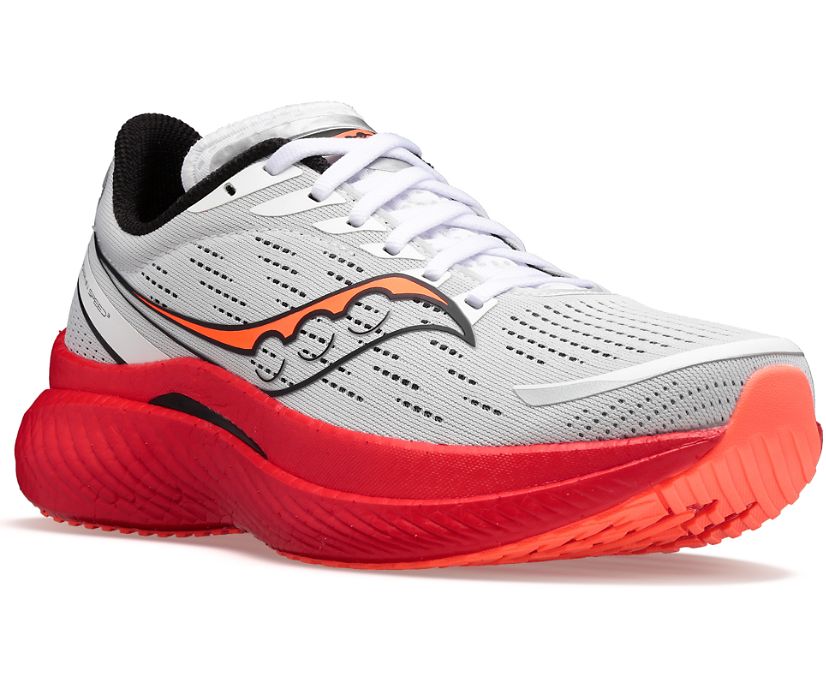 Men's Saucony Endorphin Speed 3. White upper. Red midsole. Lateral view.