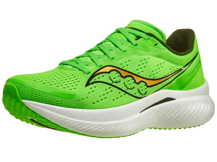 Men's Saucony Endorphin Speed 3. Green upper. White midsole. Lateral view.
