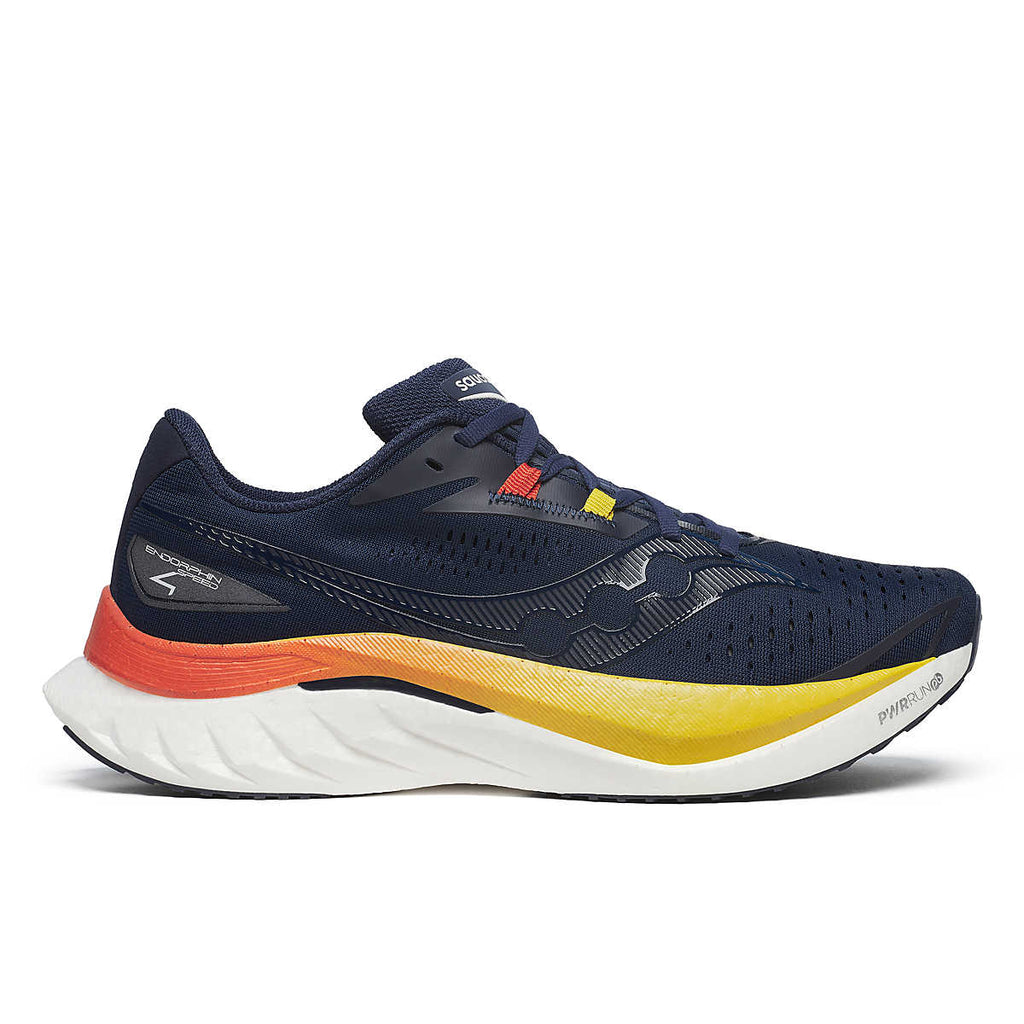 Men's Saucony Endorphin Speed 4. Dark Navy upper. White/Yellow midsole. Lateral view.