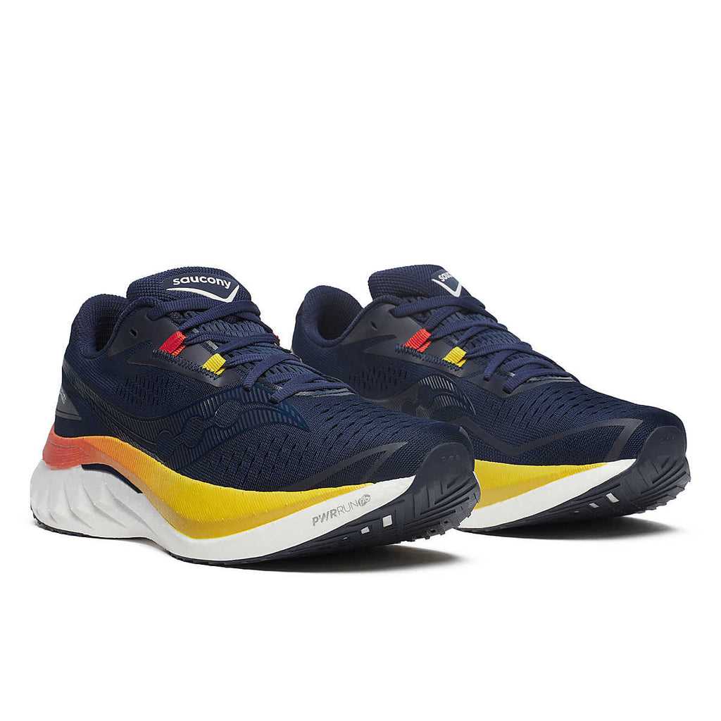Men's Saucony Endorphin Speed 4. Dark Navy upper. White/Yellow midsole. Lateral view.