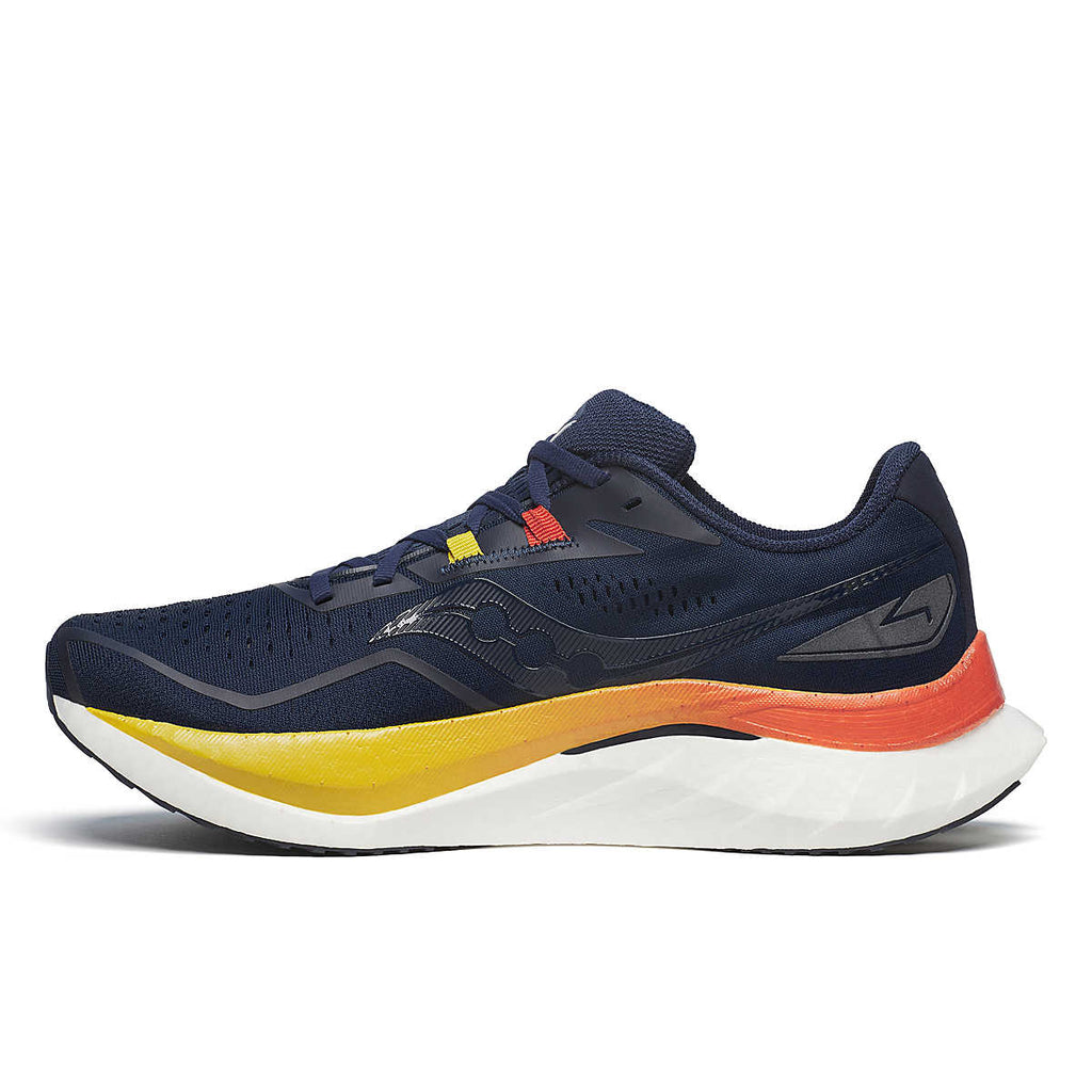 Men's Saucony Endorphin Speed 4. Dark Navy upper. White/Yellow midsole. Medial view.