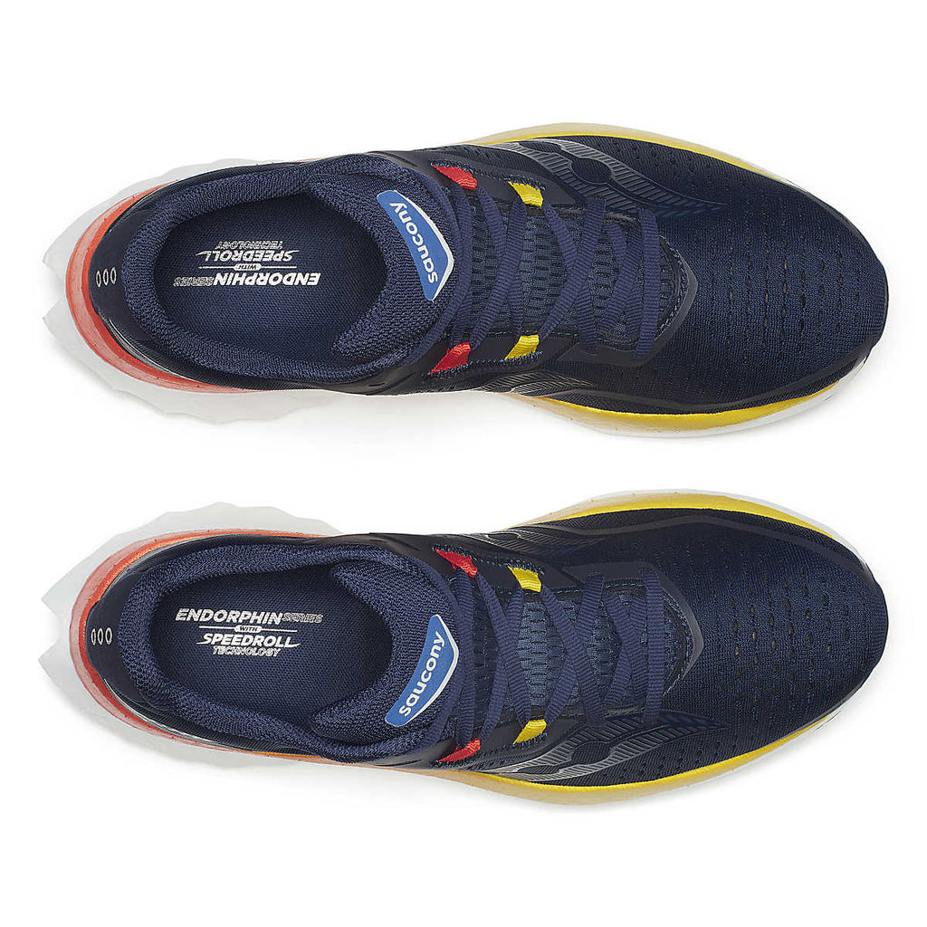 Men's Saucony Endorphin Speed 4. Dark Navy upper. White/Yellow midsole. Top view.
