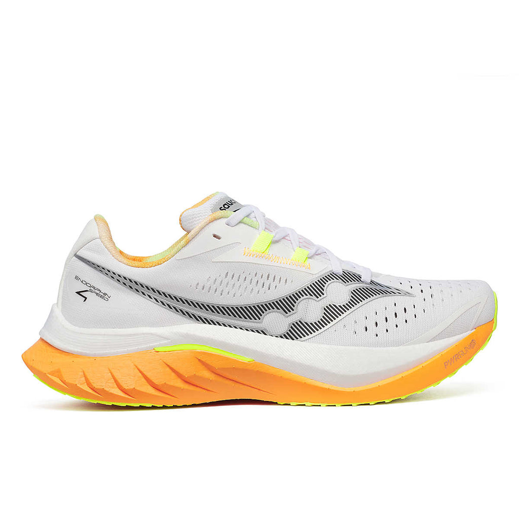 Men's Saucony Endorphin Speed 4. White upper. White/Orange midsole. Lateral view.