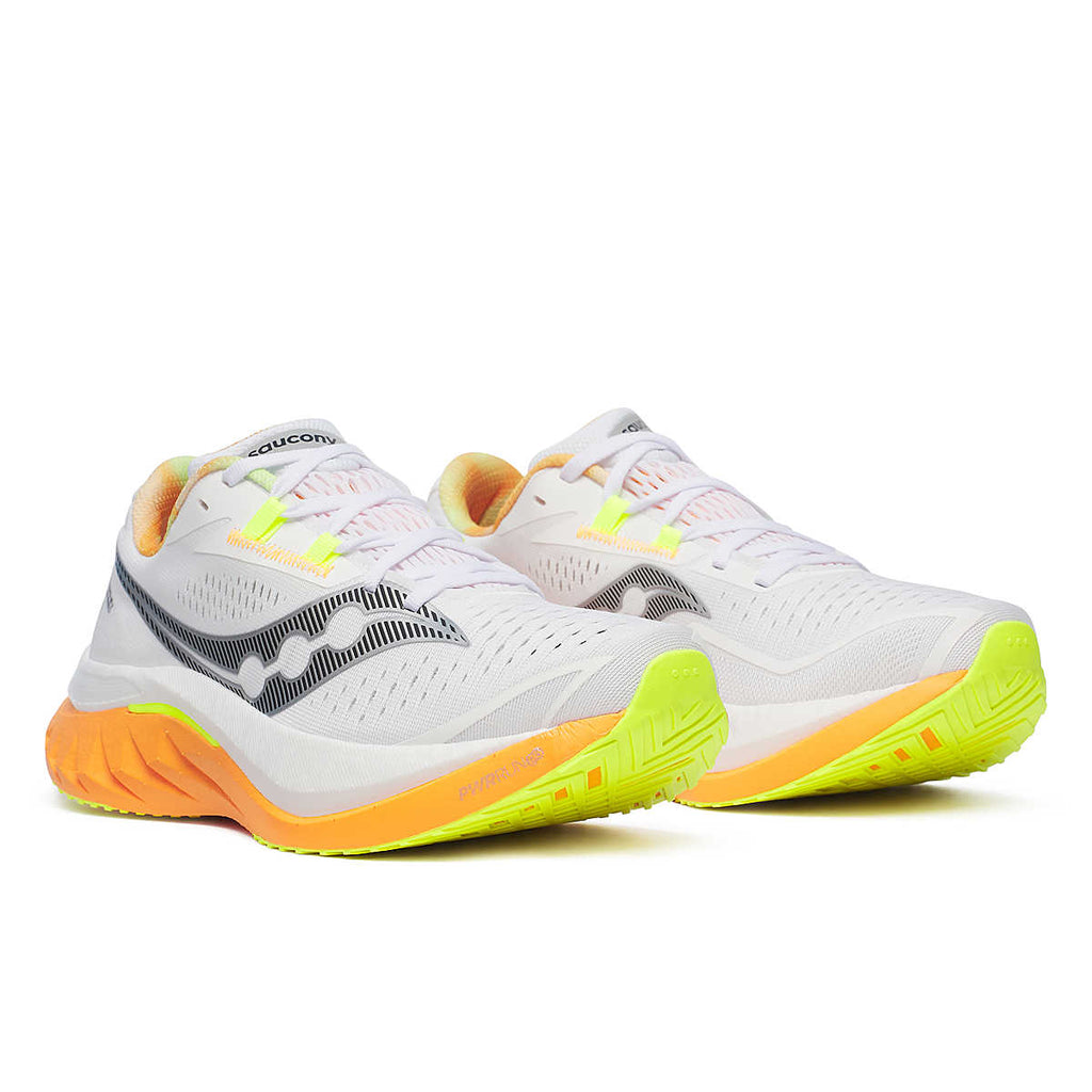 Men's Saucony Endorphin Speed 4. White upper. White/Orange midsole. Lateral view.