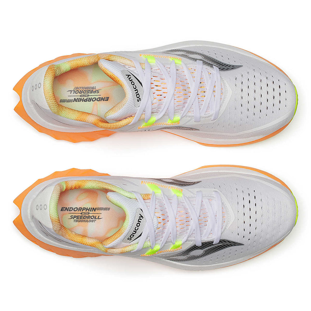 Men's Saucony Endorphin Speed 4. White upper. White/Orange midsole. Top view.