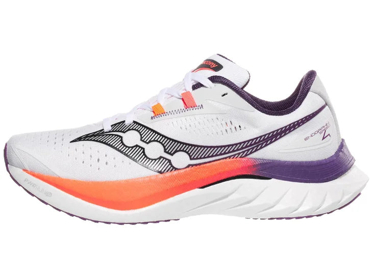 Men's Saucony Endorphin Speed 4. White upper. White midsole. Lateral view.