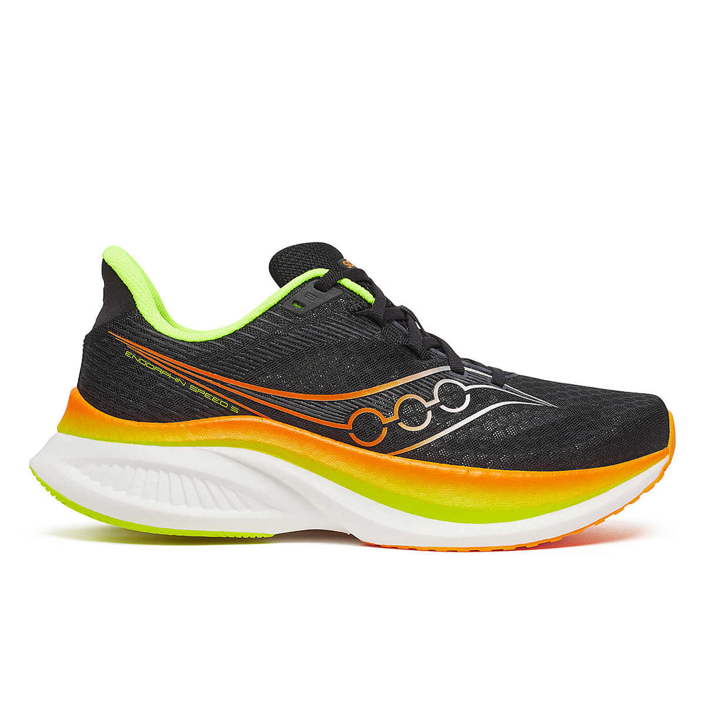 Men's Saucony Endorphin Pro 4. Black upper. Orange/White midsole. Lateral view.
