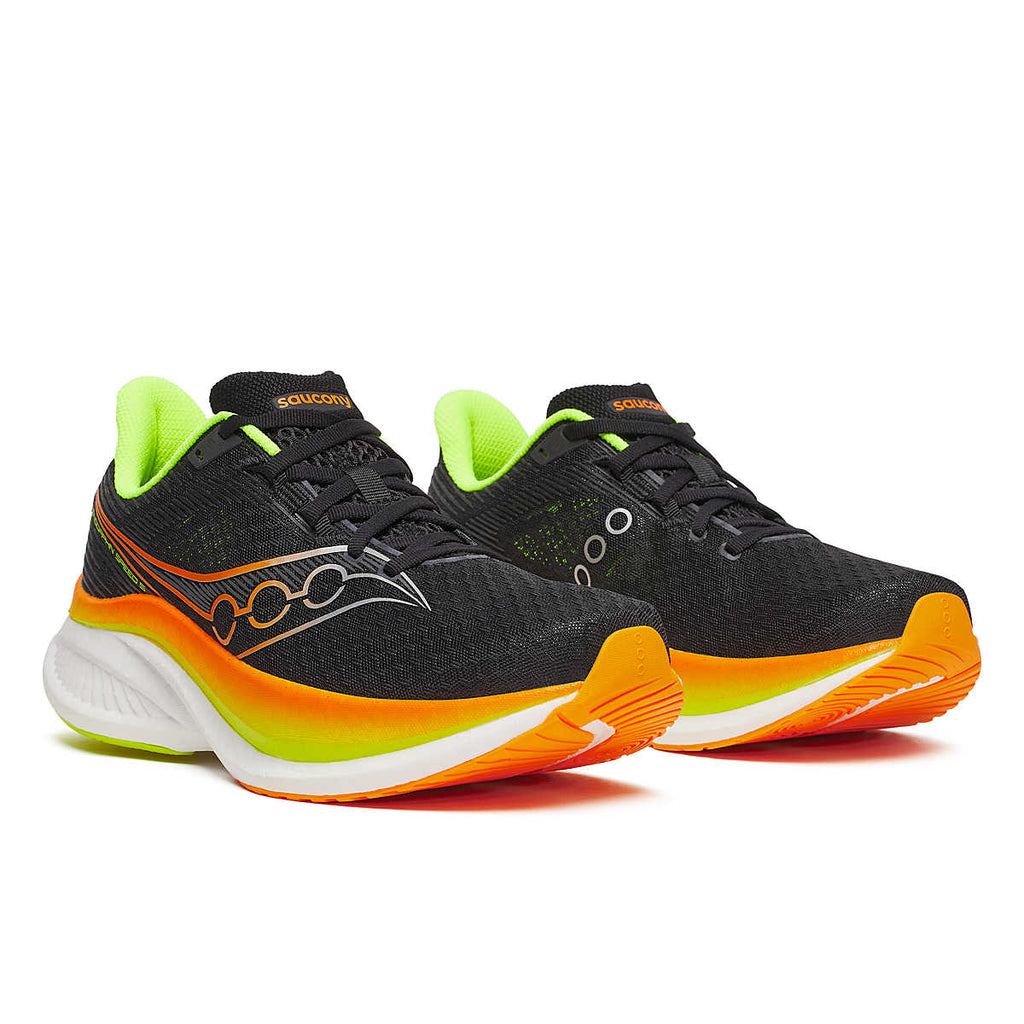 Men's Saucony Endorphin Pro 4. Black upper. Orange/White midsole. Lateral view.