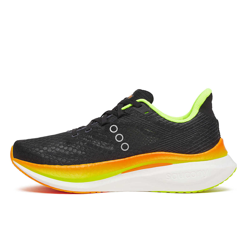 Men's Saucony Endorphin Pro 4. Black upper. Orange/White midsole. Medial view.