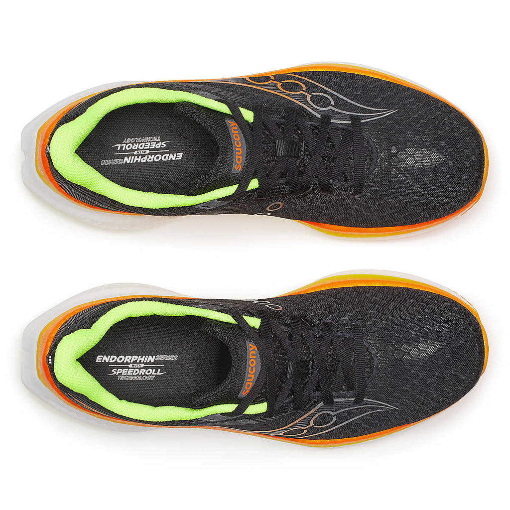 Men's Saucony Endorphin Pro 4. Black upper. Orange/White midsole. Top view.