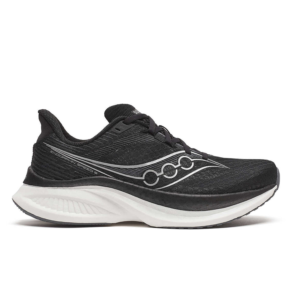 Men's Saucony Endorphin Pro 4. Black upper. White midsole. Lateral view.