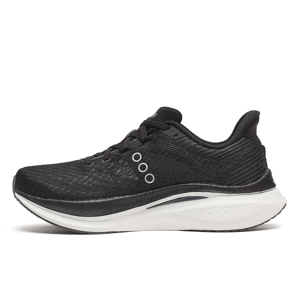 Men's Saucony Endorphin Pro 4. Black upper. White midsole. Medial view.