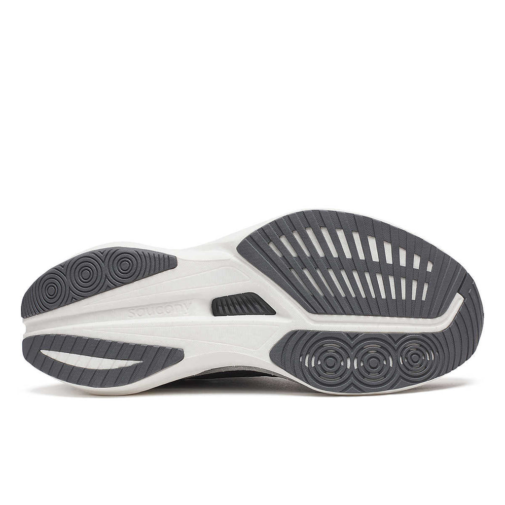 Men's Saucony Endorphin Pro 4. Black upper. White midsole. Bottom view.