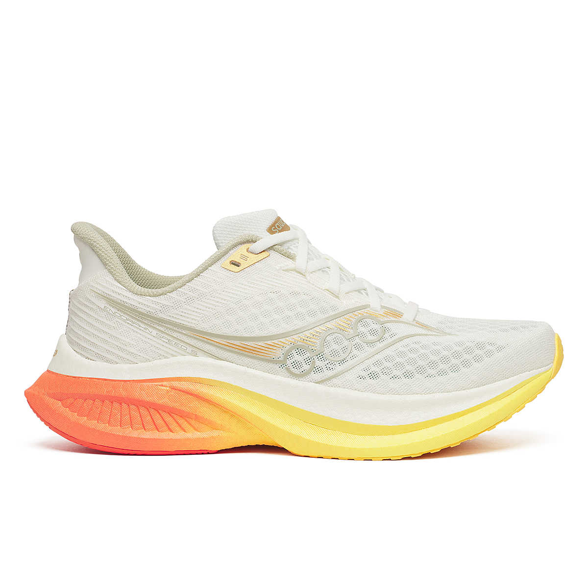 Men's Saucony Endorphin Speed 5. Ivory/Fire. Lateral view.