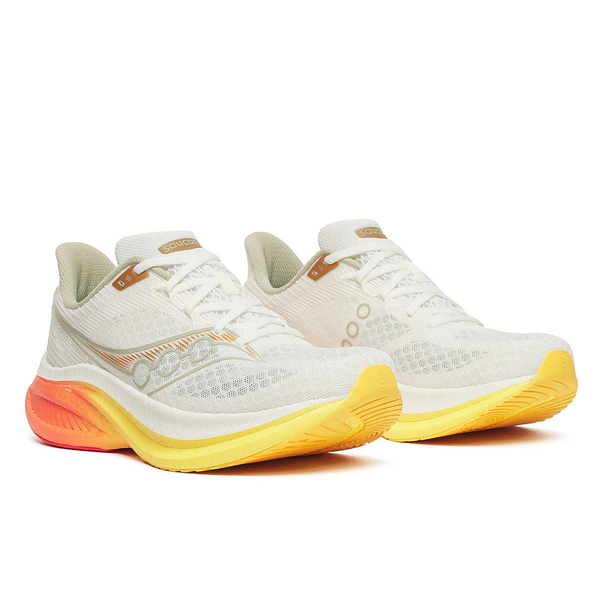 Men's Saucony Endorphin Speed 5. Ivory/Fire. Lateral view.