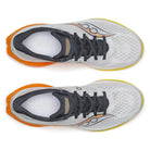 Men's Saucony Endorphin Speed 5. White upper. Orange midsole. Top view.