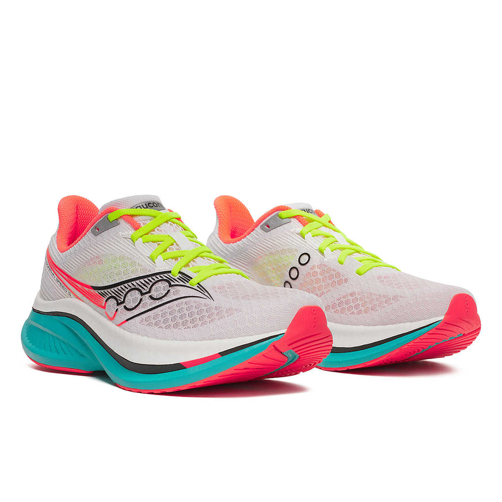 Men's Saucony Endorphin Speed 5. White upper. Teal midsole. Lateral view.