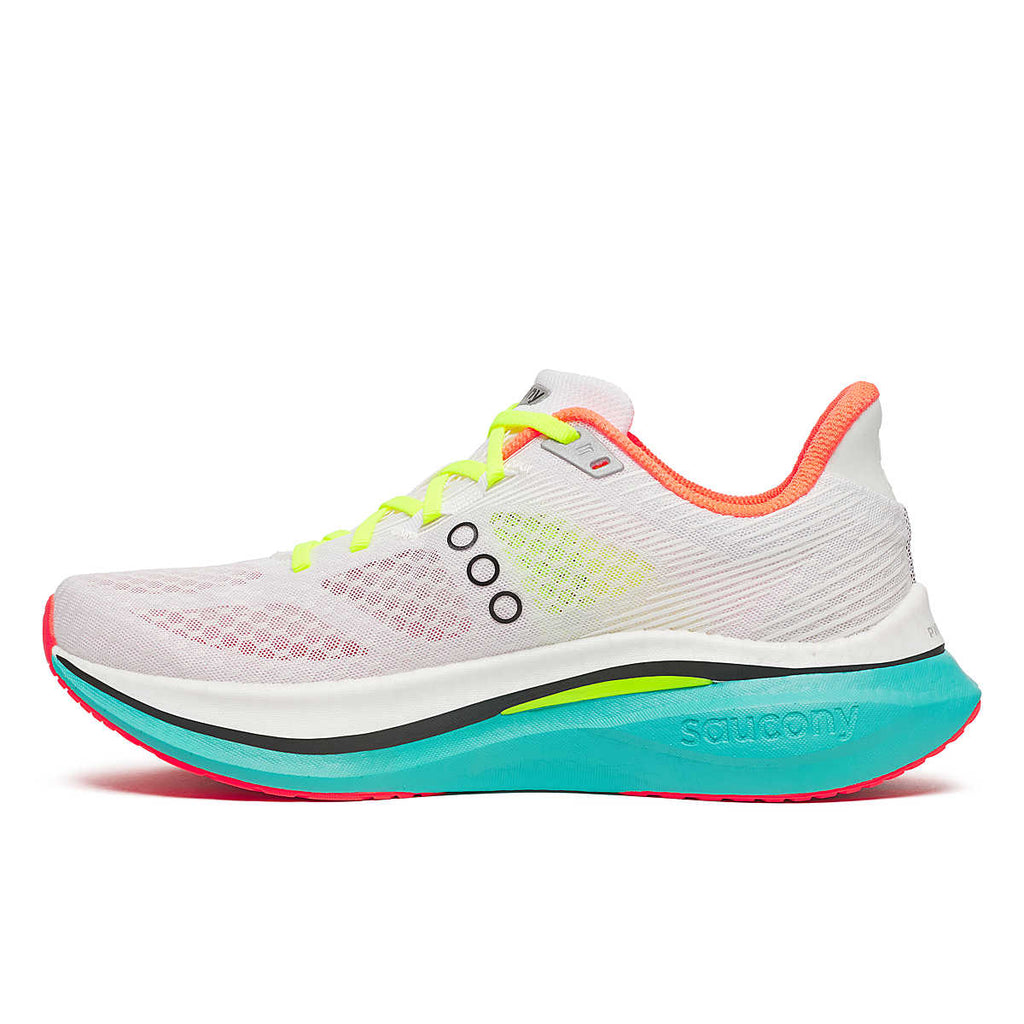 Men's Saucony Endorphin Speed 5. White upper. Teal midsole. Medial view.