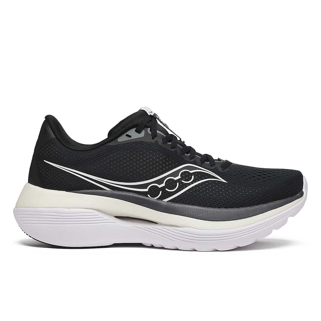 Men's Saucony Endorphin Trainer. Black upper. White midsole. Lateral view.