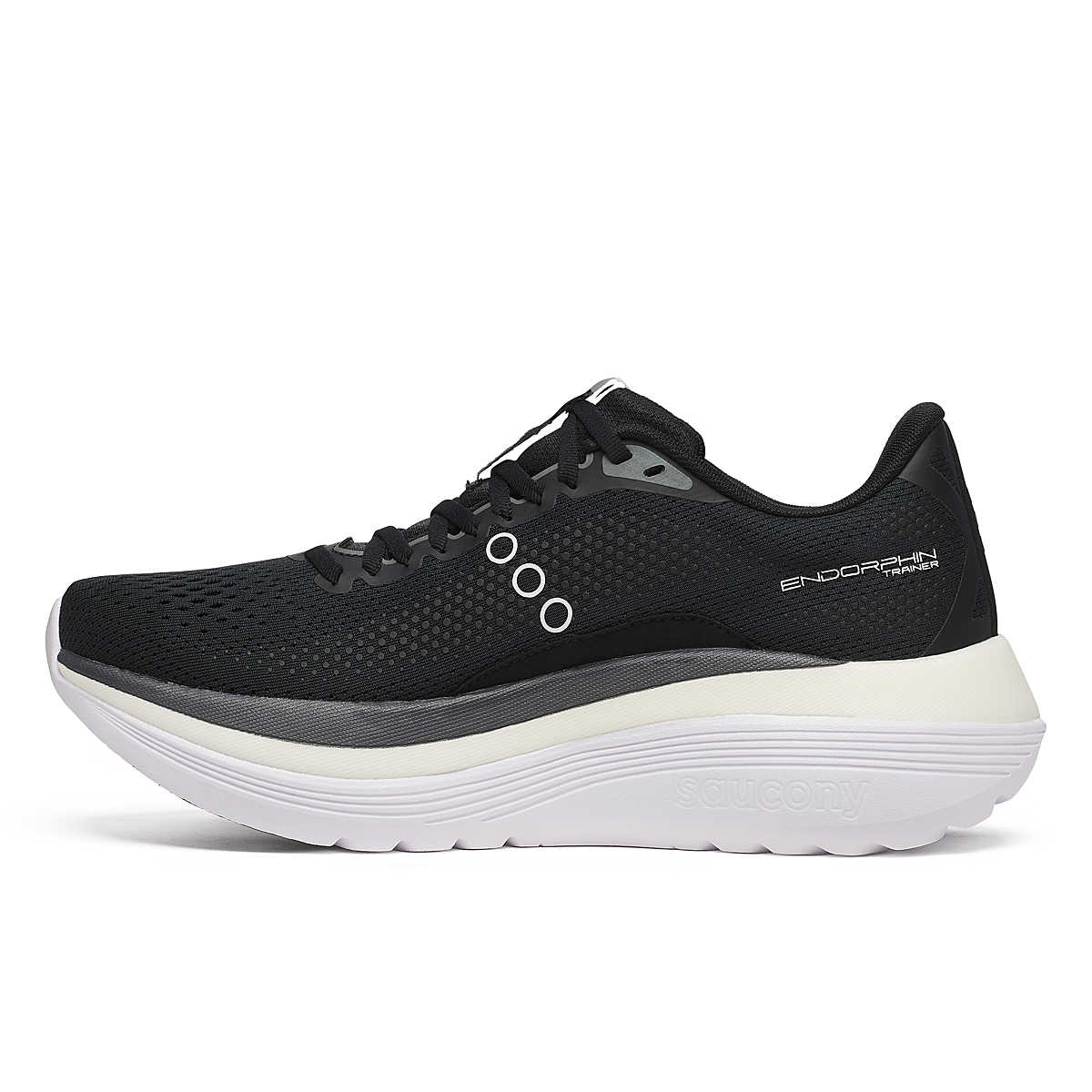 Men's Saucony Endorphin Trainer. Black upper. White midsole. Medial view.
