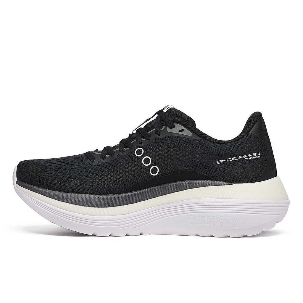 Men's Saucony Endorphin Trainer. Black upper. White midsole. Medial view.