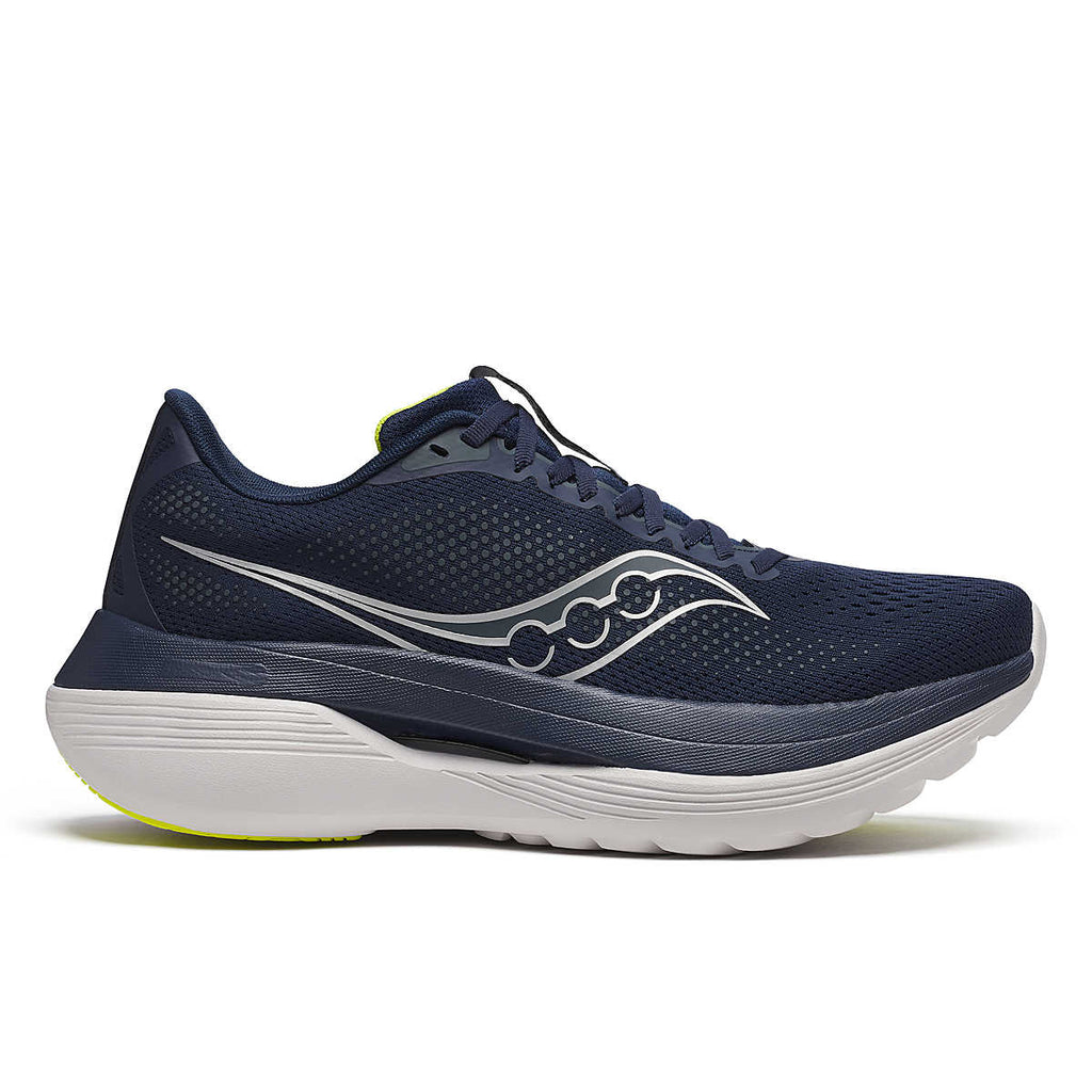 Men's Saucony Endorphin Trainer. Navy upper. Navy and white midsole. Lateral view.
