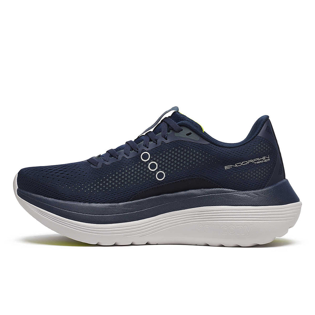 Men's Saucony Endorphin Trainer. Navy upper. Navy and white midsole. Medial view.