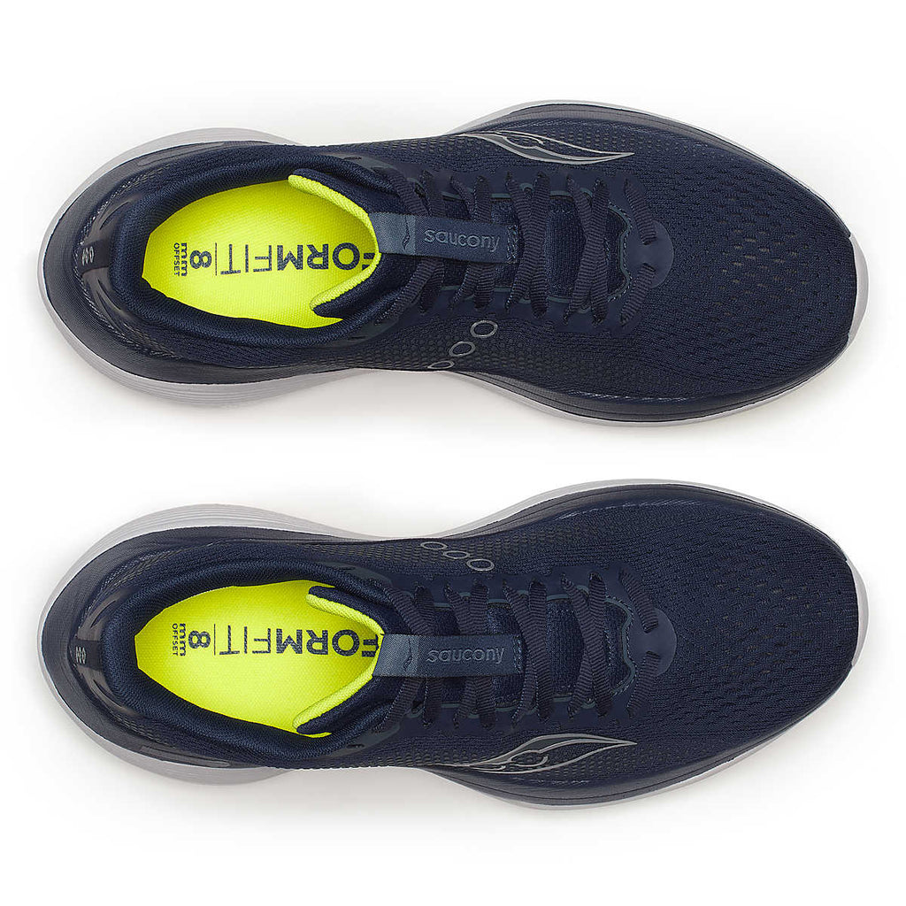 Men's Saucony Endorphin Trainer. Navy upper. Navy and white midsole. Top view.