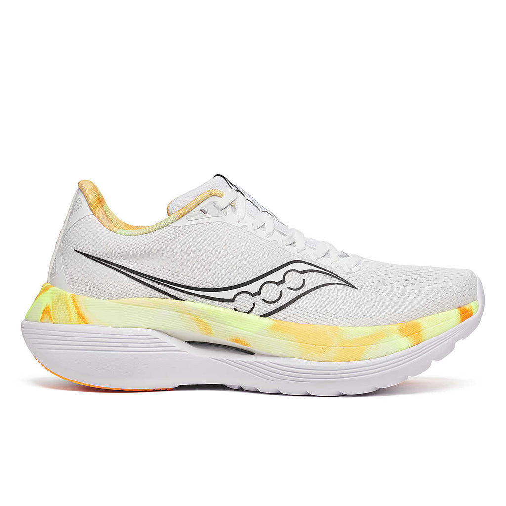 Men's Saucony Endorphin Trainer. White upper. White/Yellow midsole. Lateral view.
