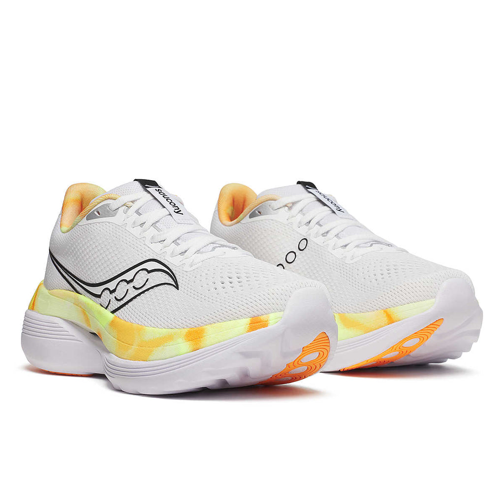 Men's Saucony Endorphin Trainer. White upper. White/Yellow midsole. Lateral view.