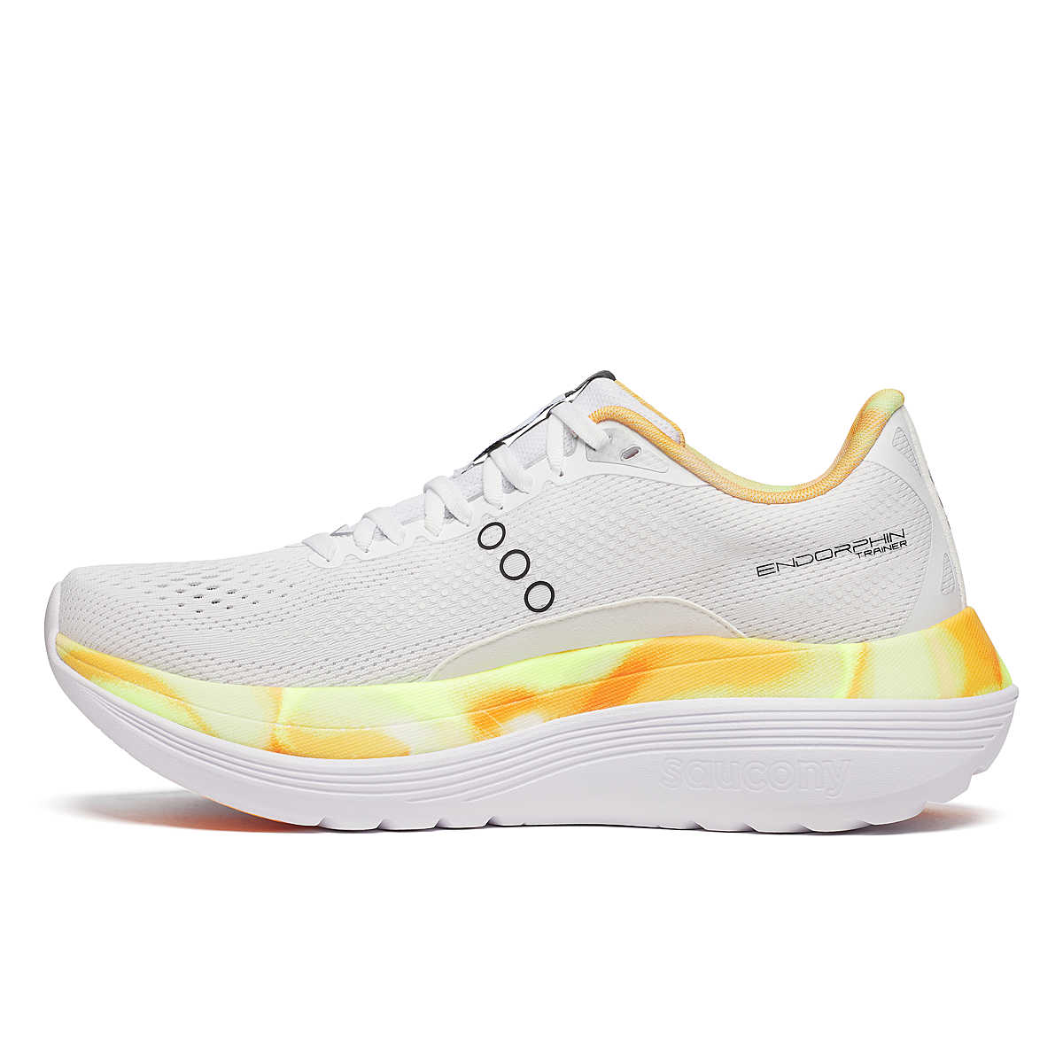 Men's Saucony Endorphin Trainer. White/Black. Medial view.