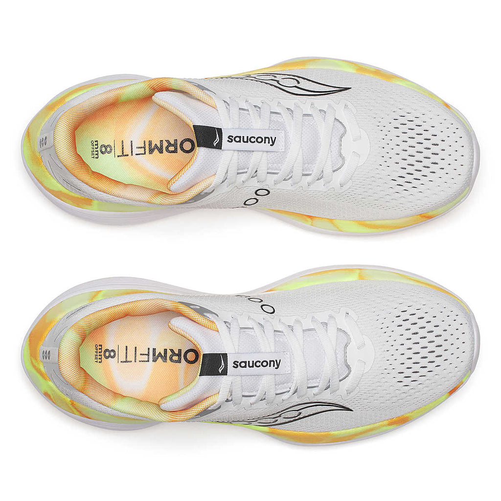 Men's Saucony Endorphin Trainer. White upper. White/Yellow midsole. Top view.