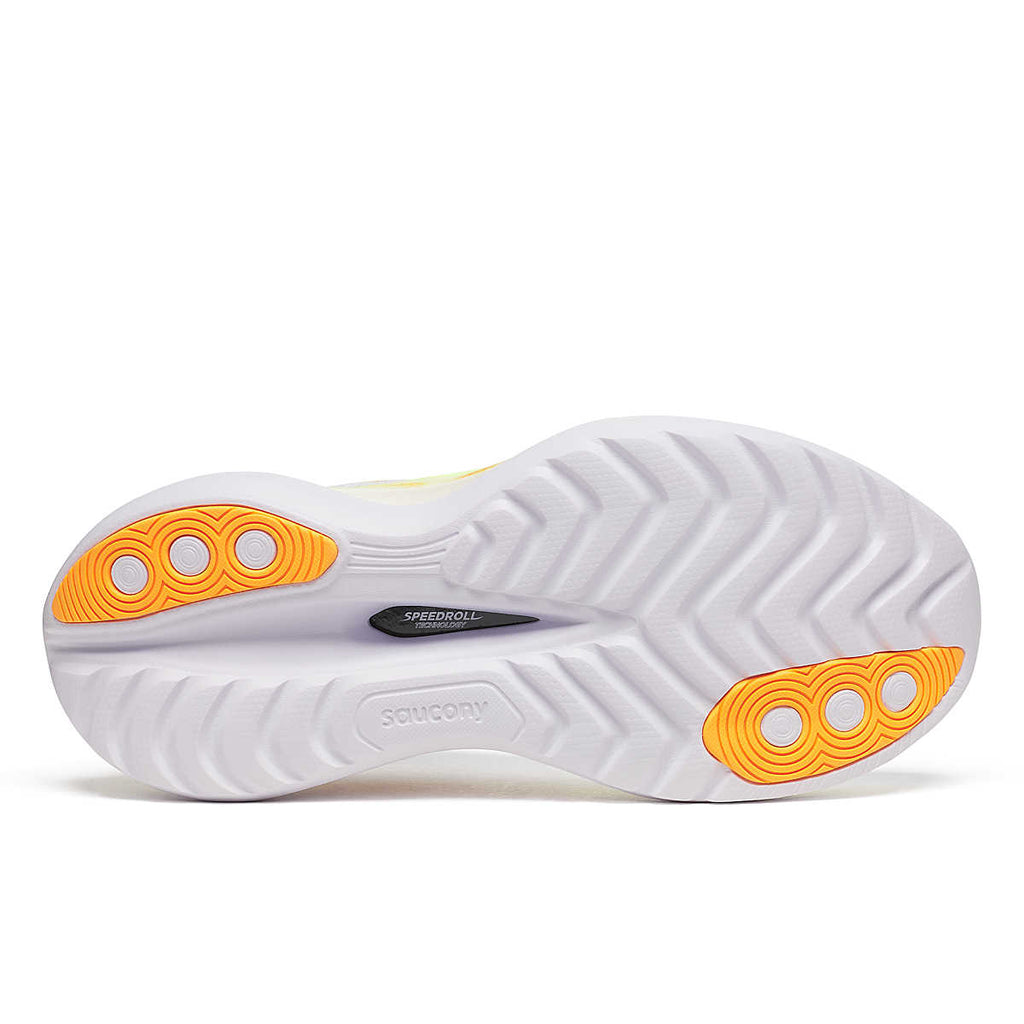 Men's Saucony Endorphin Trainer. White upper. White/Yellow midsole. Bottom view.