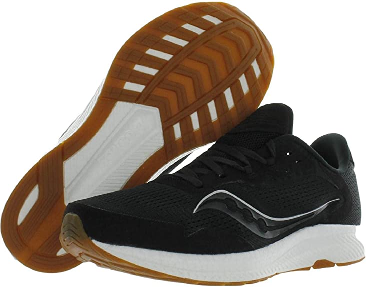 Men's Saucony Freedom 4. Black upper. White midsole. Lateral/Bottom view.