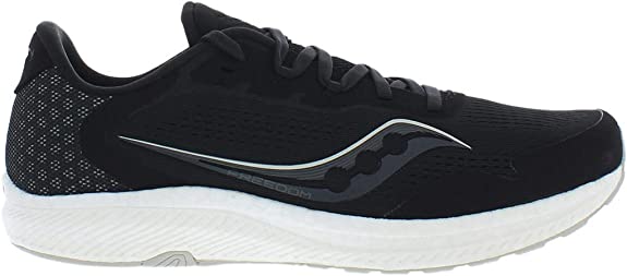 Men's Saucony Freedom 4. Black upper. White midsole. Lateral view.