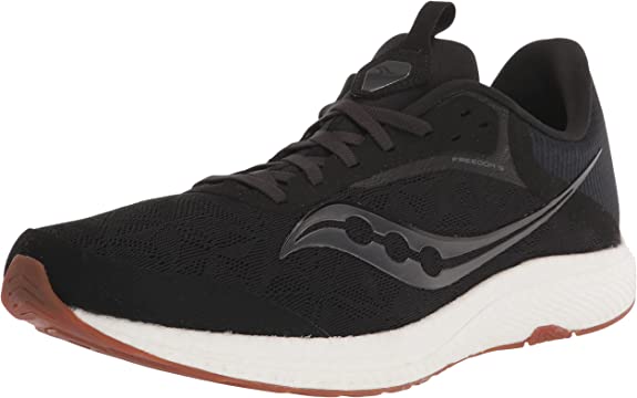 Men's Saucony Freedom 5. Black upper. White midsole. Lateral view.